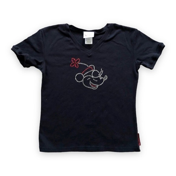 Walt Disney World Minnie Mouse Rhinestone Sequins V-Neck Black Tee Size Medium - Picture 1 of 5